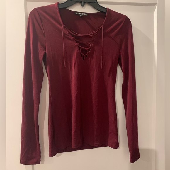 Red lace up front long sleeve top. Size small. - Picture 5 of 8